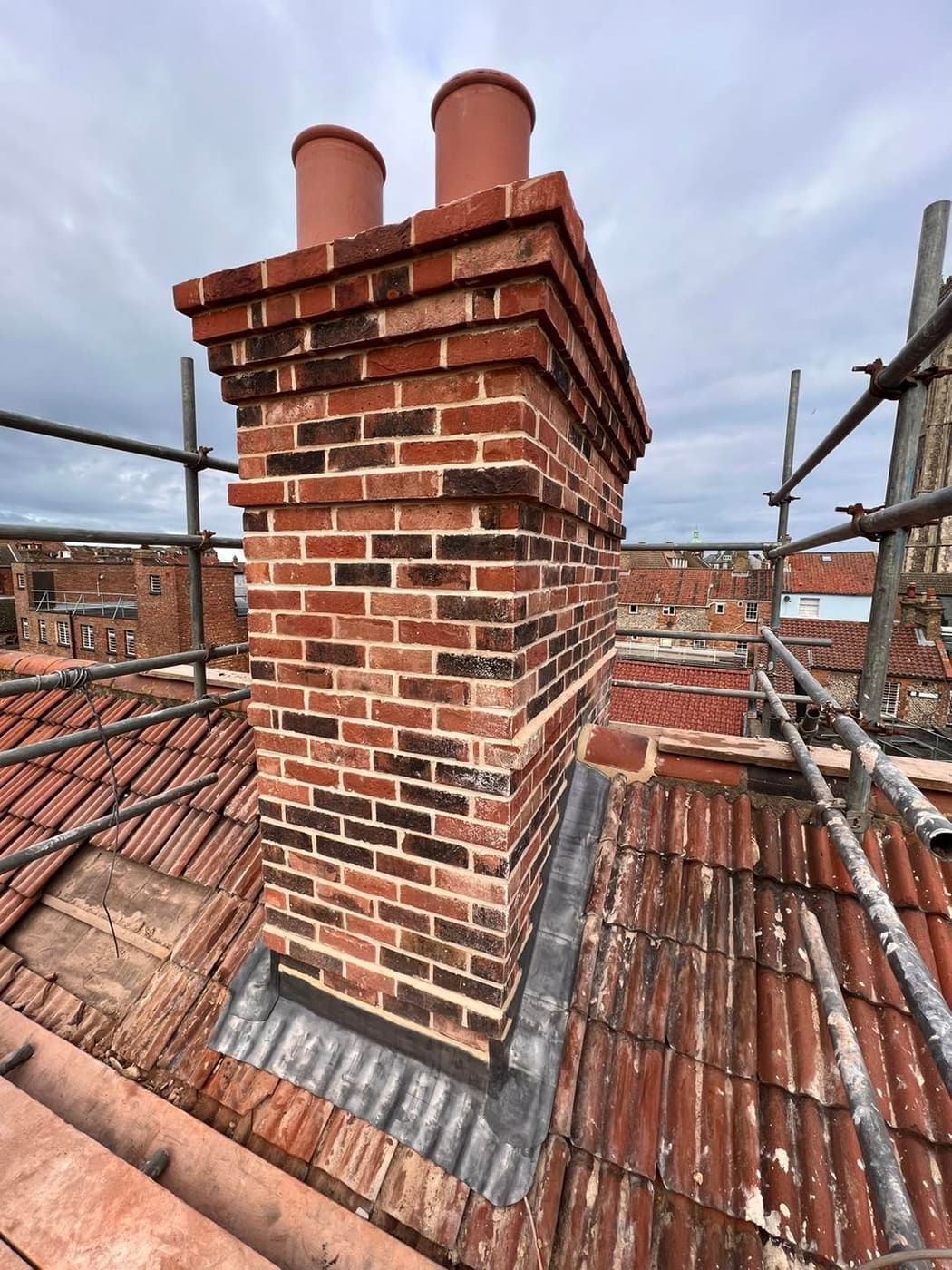 Chimney stack restoration seen from the scaffold
